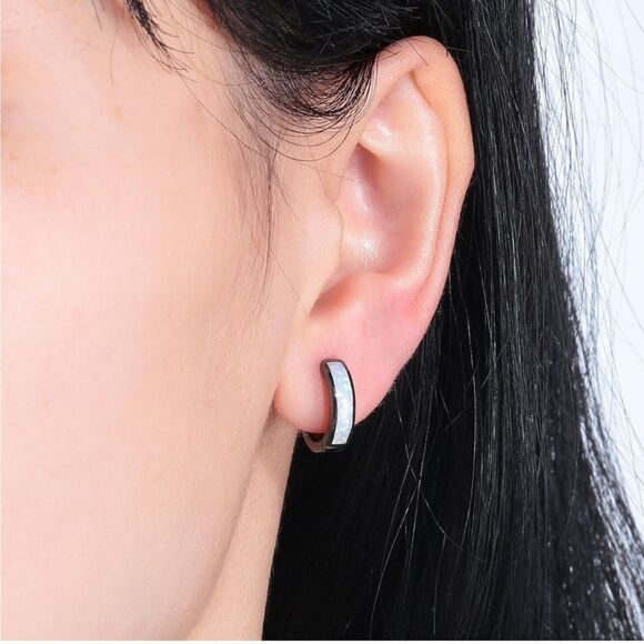 14K Black Gold with Genuine White Fire Opal Huggie Hoop Snap Hinge Earrings - Picture 5 of 5